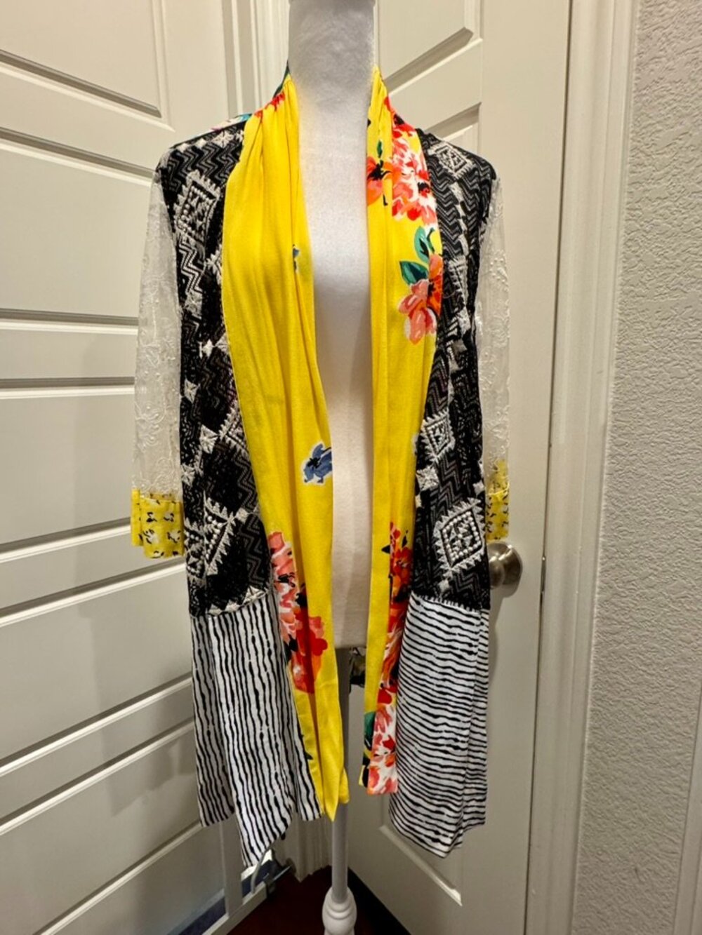 John Mark Kimono Cardigan Women Small Multicolor Artsy Lace Mixed Media Boho